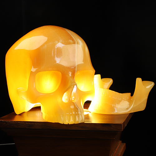 5.9" Beeswax Jade Hand Carved Hollow Detachable Crystal Skull Sculpture with Led Stand, Crystal Healing