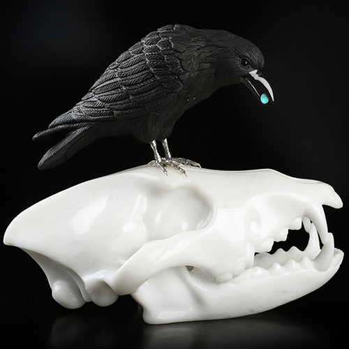 7.5" White Jade Hand Carved Crystal Wolf Skull and Raven with Opal Sculpture, Crystal Healing