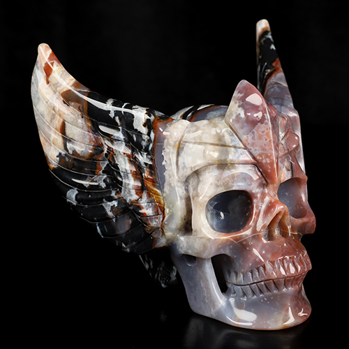 5.7" Black Zebra Agate Hand Carved Guardian Crystal Skull Sculpture, Crystal Healing