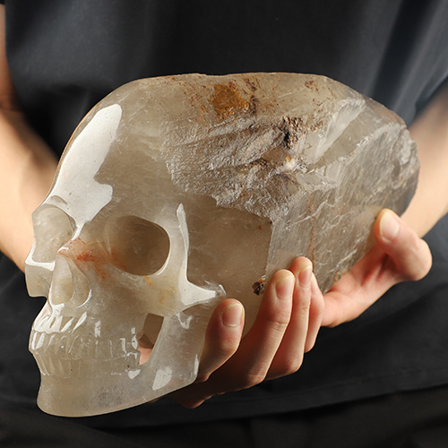 13.6" Smoky Quartz Rock Crystal Hand Carved Crystal Skull Wand/Point Sculpture, Crystal Healing