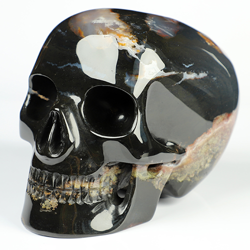 5.1" Black Zebra Agate Hand Carved Mitchell-Hedges Crystal Skull Replica Sculpture, Crystal Healing