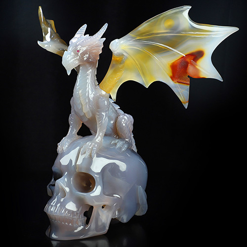 10.0" Premium Brazilian Agate Hand Carved Crystal Skull and Dragon Fine Art Sculpture, Detachable Wings, Crystal Healing