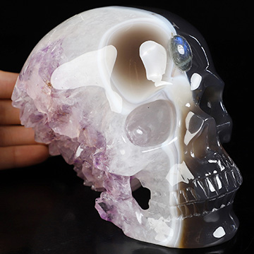 5.3" Agate Amethyst Geode Hand Carved Crystal Skull, Realistic, Crystal Healing