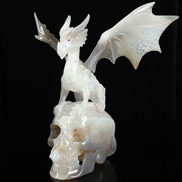 9.8" Premium Brazilian Agate Hand Carved Crystal Skull and Dragon Fine Art Sculpture, Detachable Wings, Ruby Eyes, Crystal Healing