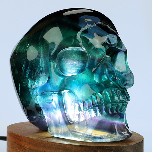 5.1" Fluorite Hand Carved Hollow Crystal Skull Lamp/Light with Led Stand, Crystal Healing