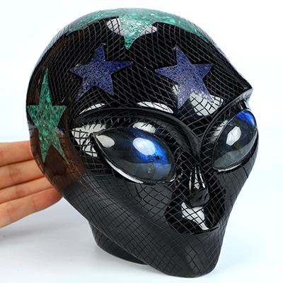 6.1" Black Obsidian Star Being Female Alien Crystal Skull with Labradorite Eyes Companion, Lapis Lazuli and Malachite Inlay