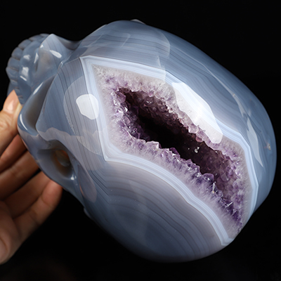 Lifesized 6.9" Agate Amethyst Geode Hand Carved Crystal Skull, Super Realistic, Crystal Healing