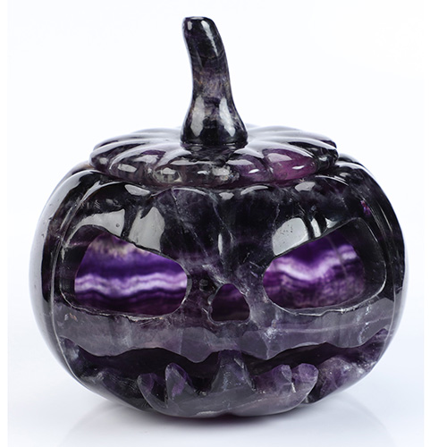 4.0" Fluorite Hand Carved Hollow Pumpkin Crystal Skull Sculpture, Crystal Healing