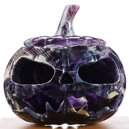 5.0" Fluorite Hand Carved Hollow Crystal Pumpkin Skull Sculpture, Crystal Healing