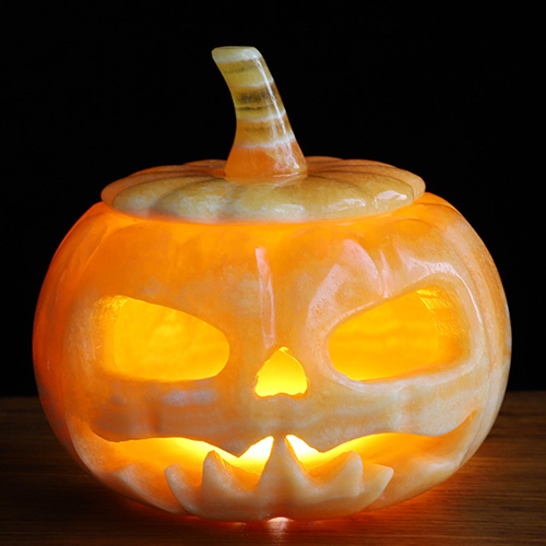 4.1" Beeswax Jade Hand Carved Hollow Crystal Pumpkin Skull Sculpture, Crystal Healing