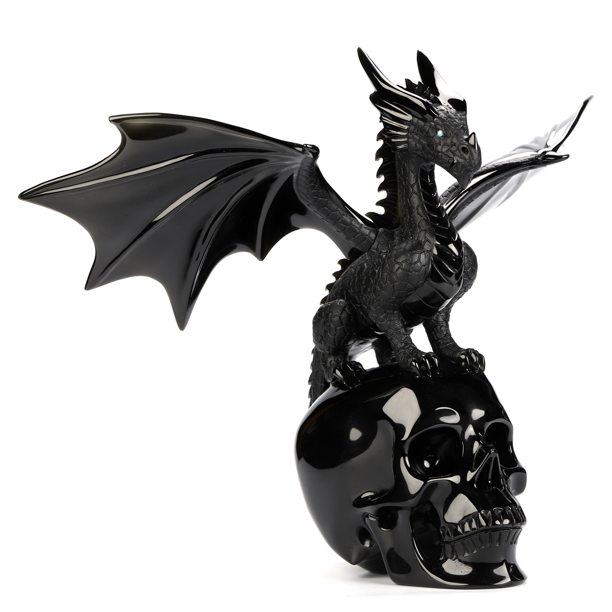 11.8" Black Obsidian Hand Carved Crystal Skull and Dragon, Detachable Wings, Fine Art Sculpture, Crystal Healing