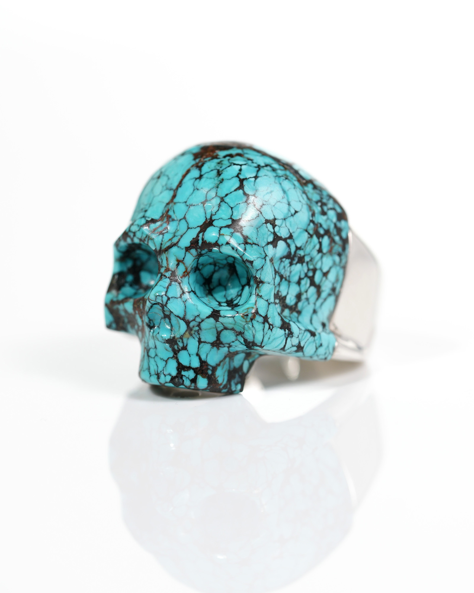 Gemstone Spiderweb Turquoise (Matrix Turquoise) Hand Carved Crystal Skull Ring, US Size 11, Skull Jewelry
