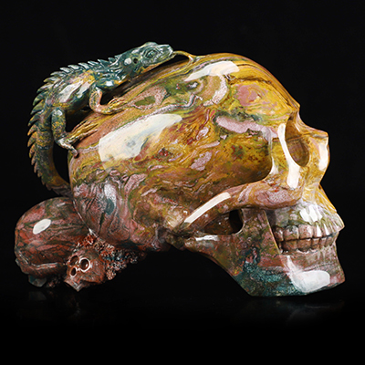6.6" Ocean Jasper Hand Carved Crystal Skull and Lizard Fine Art Sculpture, Crystal Healing
