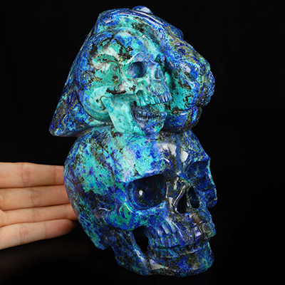 6.3" Azurite & Malachite Hand Carved Crystal Skull and Tiger Fine Art Sculpture, Crystal Healing