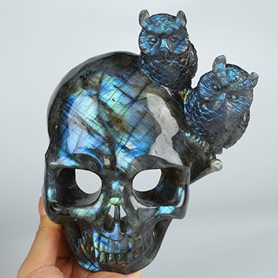 7.7" Labradorite Hand Carved Crystal Skull and Owls Sculpture, Crystal Healing