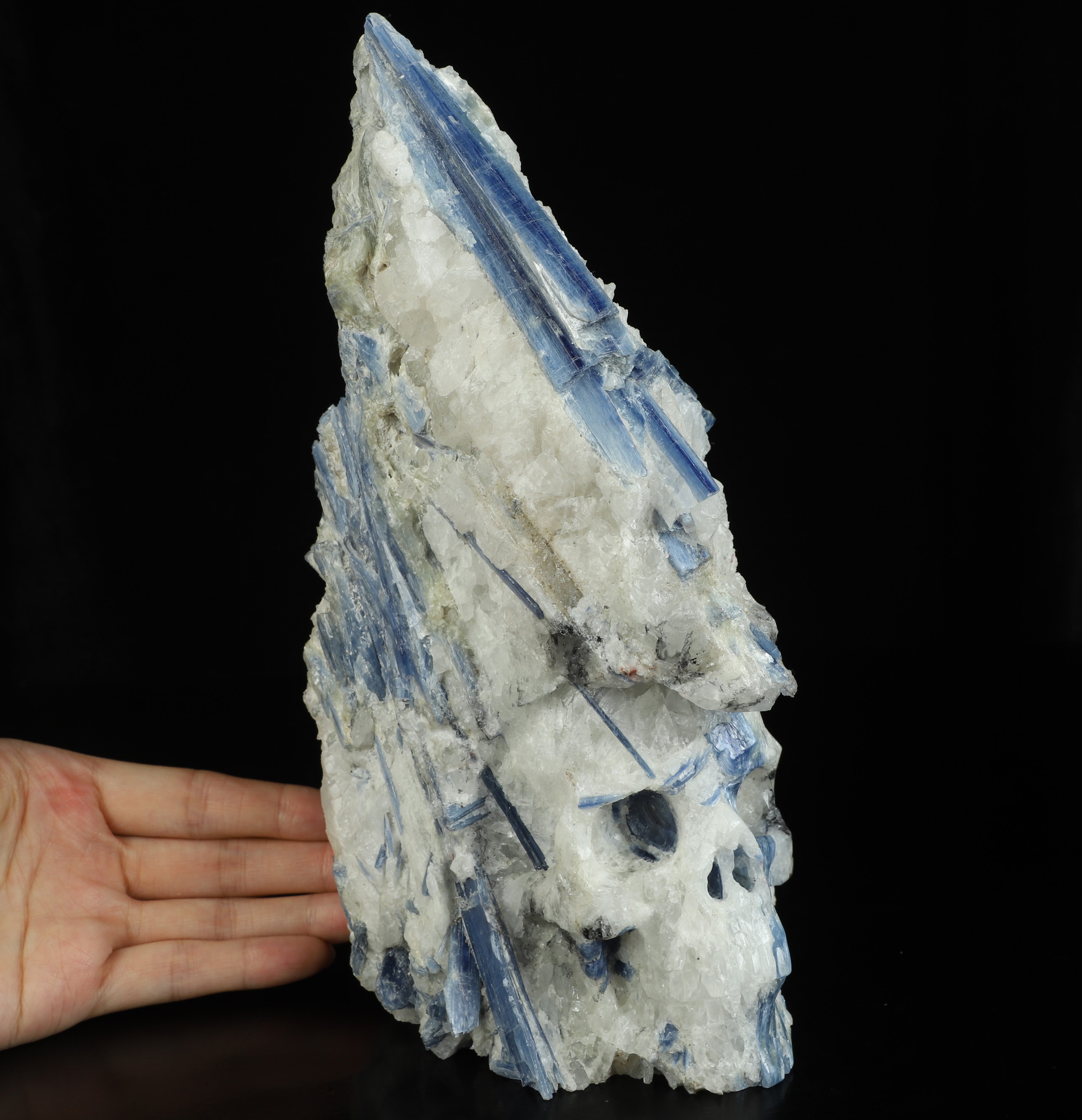 Gemstone 9.5" Kyanite Hand Carved Crystal Skull Fine Art Sculpture, Crystal Healing