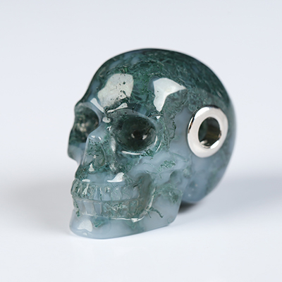 Necklace of 1.1" Green Moss Agate Hand Carved Crystal Skull Pendant, Skull Jewelry
