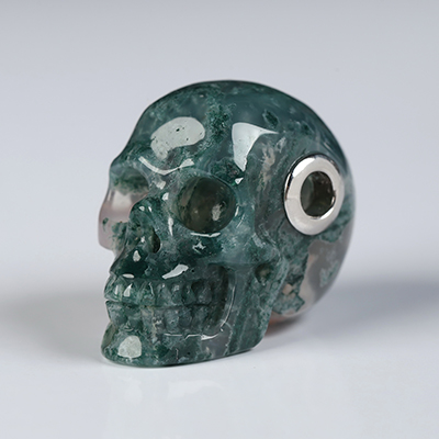 Necklace of 1.1" Green Moss Agate Hand Carved Crystal Skull Pendant, Skull Jewelry