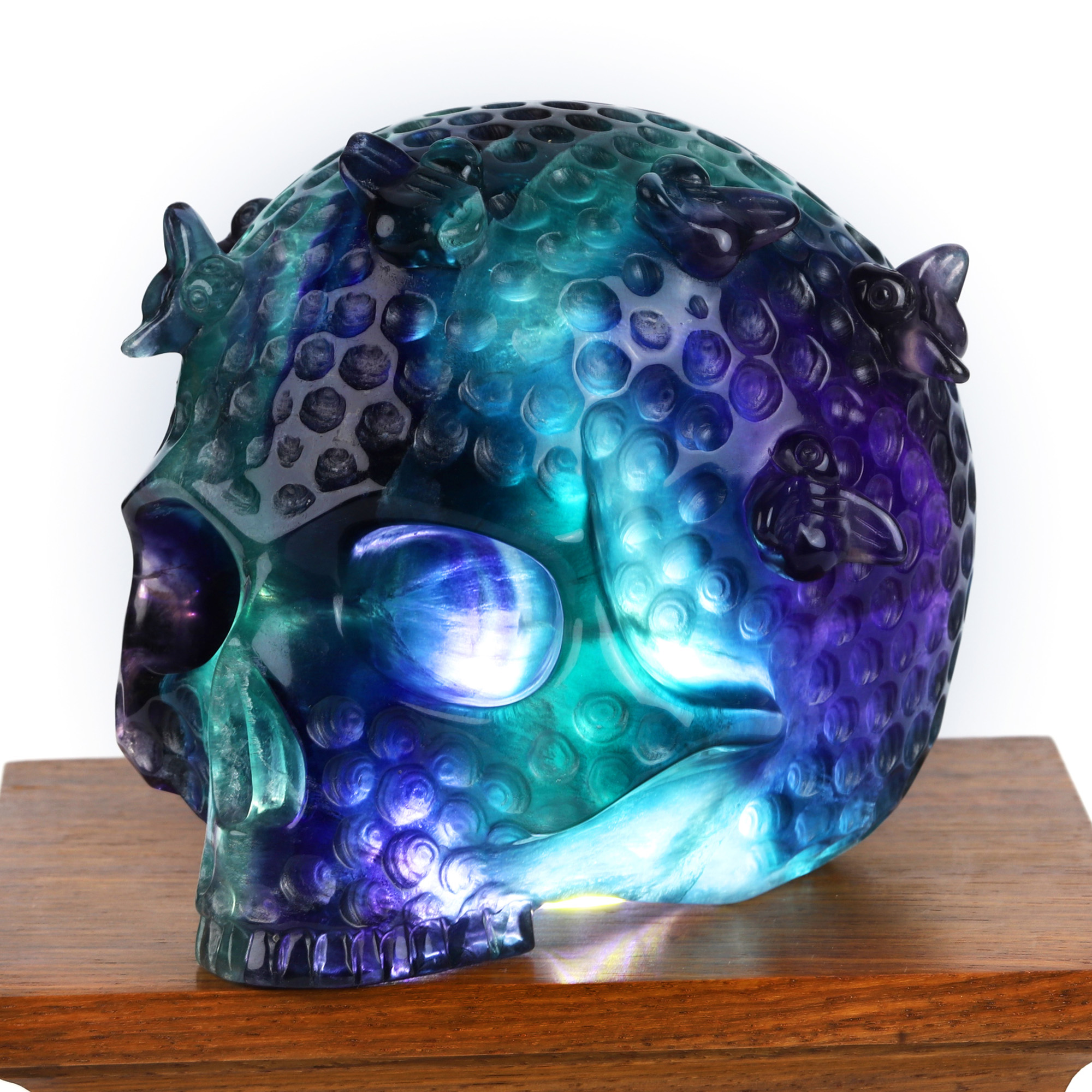 5.1" Fluorite Hand Carved Honeycomb Hollow Crystal Skull and Bees Sculpture Lamp/Light, Crystal Healing