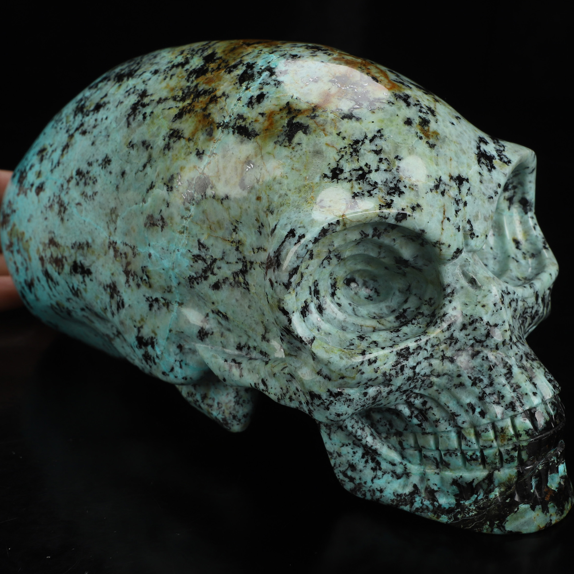 Gemstone 8.9" African Turquoise Hand Carved Crystal Elongated Mayan Alien Skull Sculpture, Crystal Healing