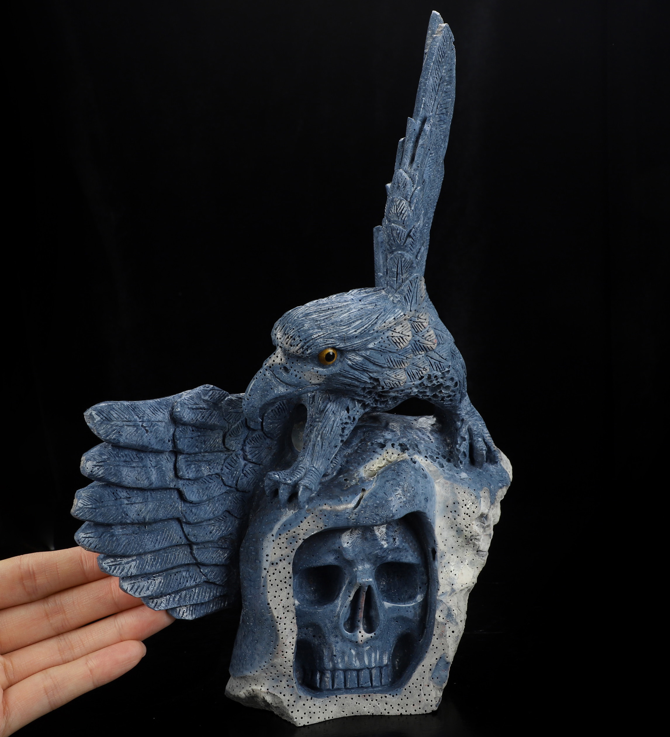 10.2" Blue Ridge Coral Hand Carved Crystal Skull and Eagle Fine Art Sculpture, Crystal Healing