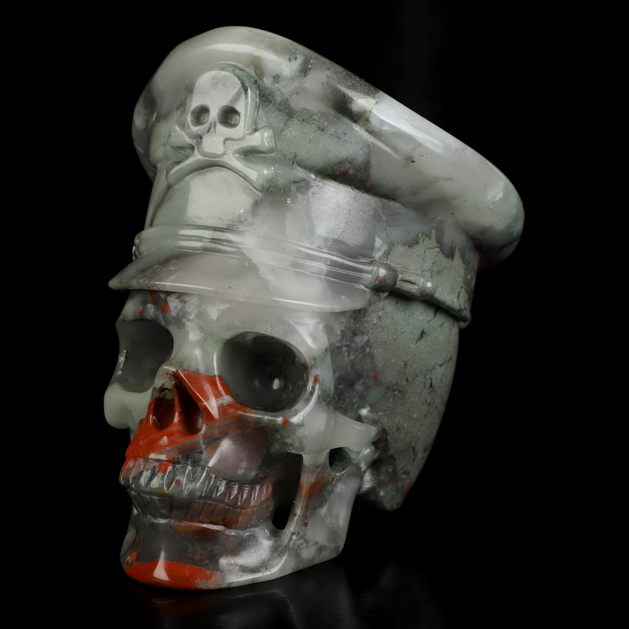 4.9" African Bloodstone Hand Carved Crystal Skull and Navy Cap Fine Art Sculpture, Crystal Healing