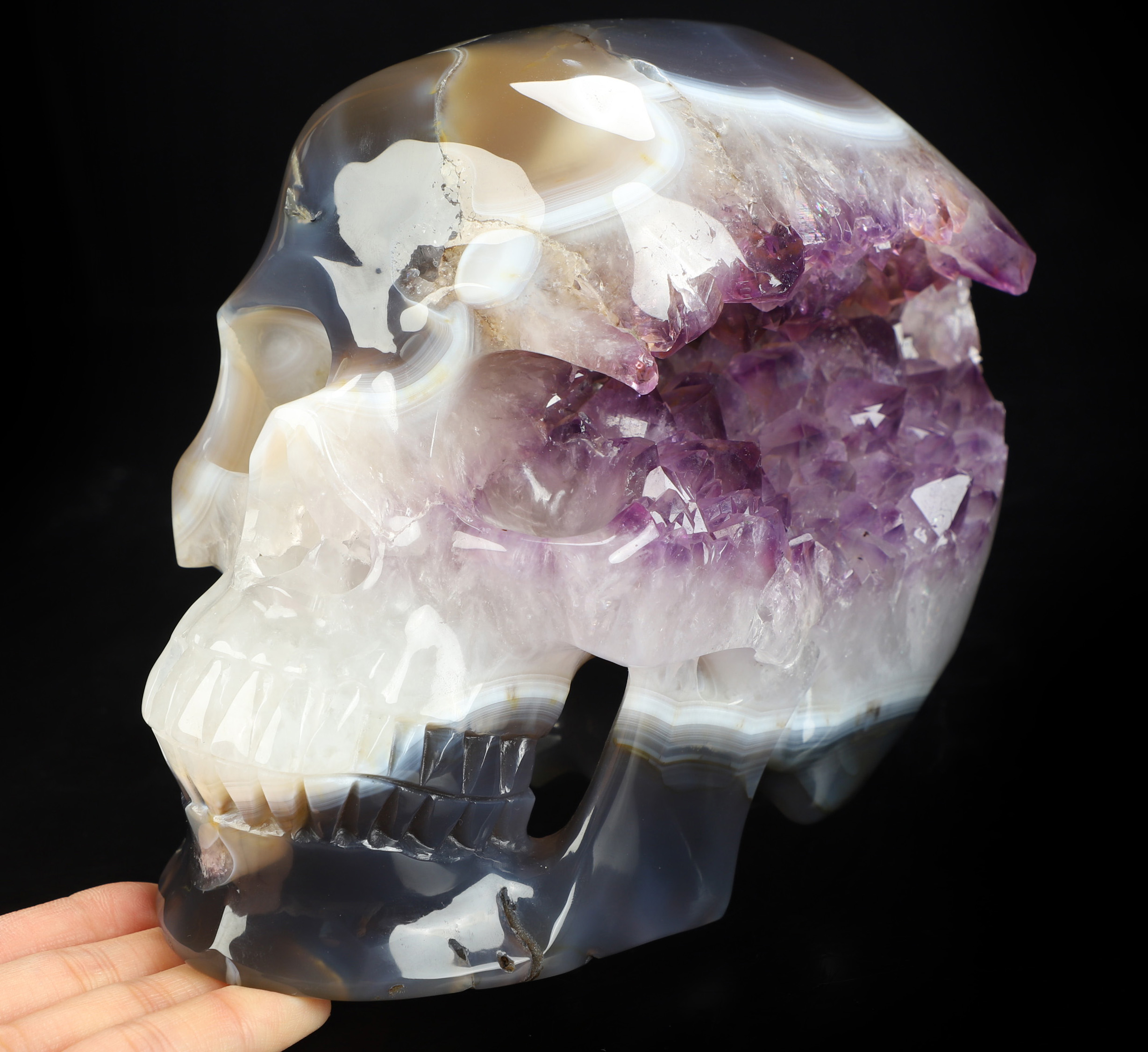 Lifesized 7.1" Agate Amethyst Geode Hand Carved Crystal Skull, Super Realistic, Crystal Healing