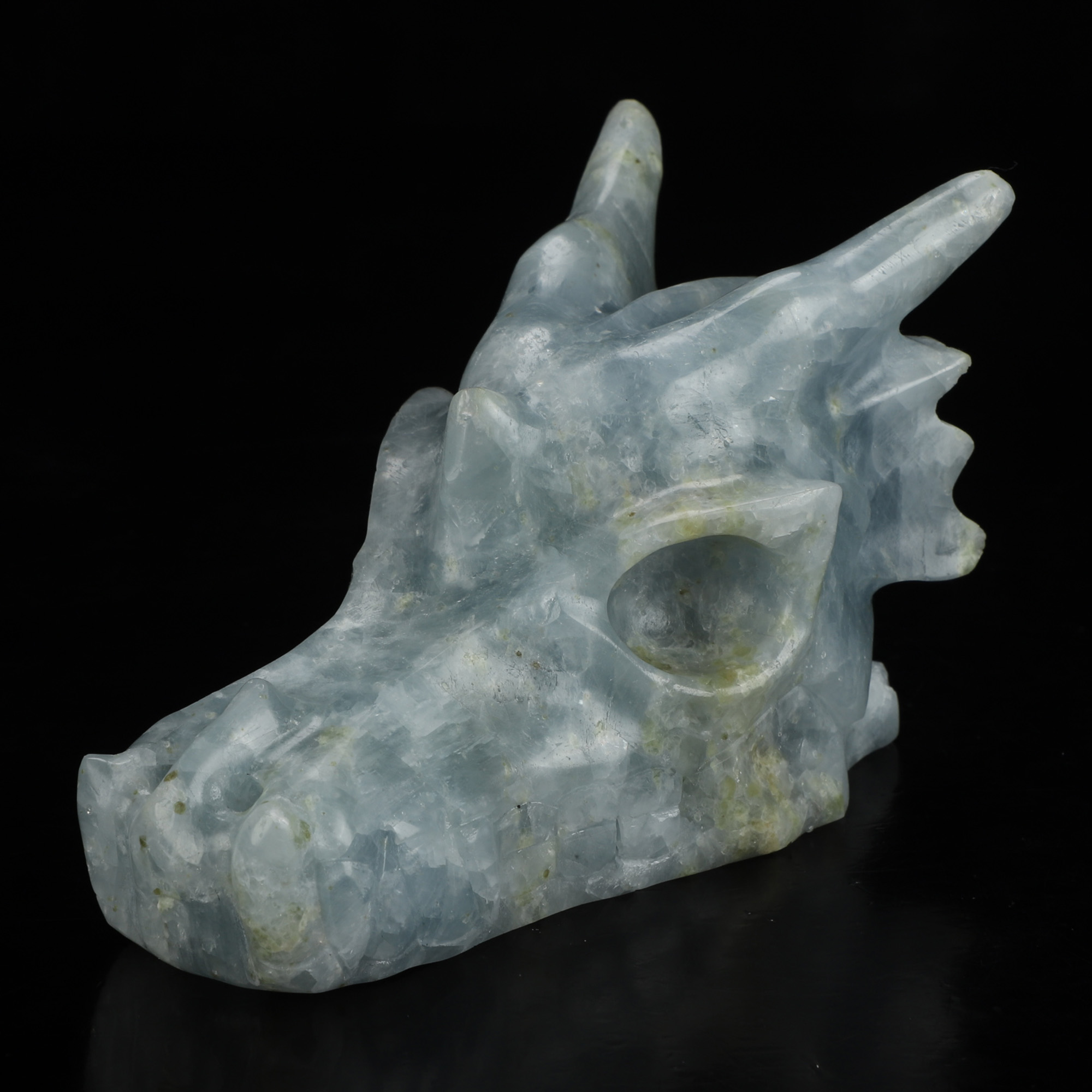 5.0" Blue Calcite Hand Carved Crystal Dragon Skull Sculpture, Crystal Healing