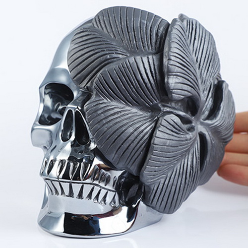 5.9" Frosted Tera-hertz Hand Carved Crystal Skull and Flower Fine Art Sculpture, Crystal Healing