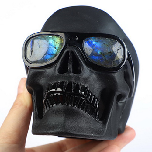 5.0" Frosted Black Obsidian Hand Carved Crystal Skull with Labradorite Sunglasses, Fine Art Sculpture, Crystal Healing