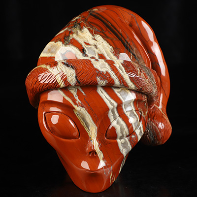 Merry Christmas! 4.9" Red Jasper Star Being Female Alien Crystal Skull Companion, Hand Carved Gemstone Fine Art Sculpture, Reiki Healing Stone Statue