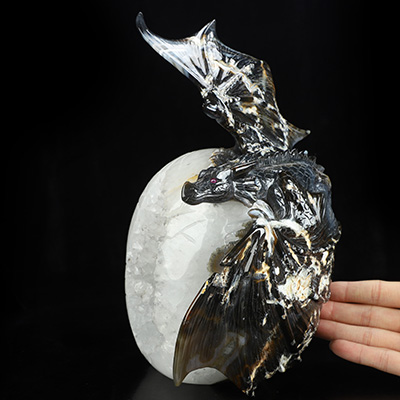 6.5" Agate Geode Hand Carved Crystal Dragon with Ruby Eyes Fine Art Sculpture, Crystal Healing