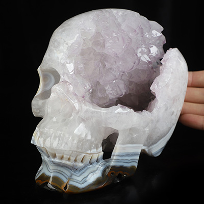 Lifesized 6.0" Agate Amethyst Geode Hand Carved Crystal Skull, Super Realistic, Crystal Healing