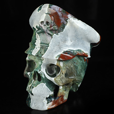 5.0" Green Zebra Agate Hand Carved Crystal Skull and Navy Cap Fine Art Sculpture, Crystal Healing
