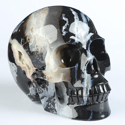 4.9" Black Zebra Agate Hand Carved Crystal Skull, Realistic, Crystal Healing