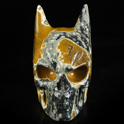 3.5" Ocean Jasper Hand Carved Batman Crystal Skull Fine Art Sculpture, Crystal Healing