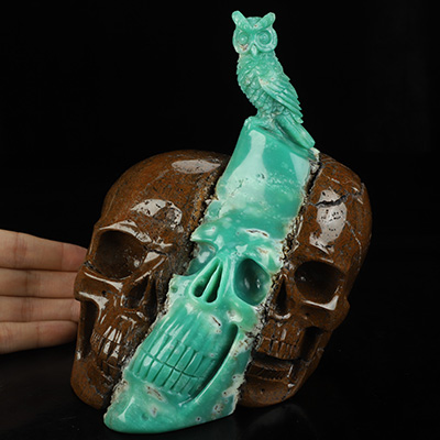 6.3" Chrysoprase Hand Carved Crystal Skull and Owl Sculpture, Crystal Healing