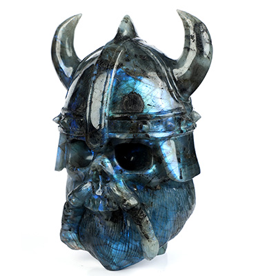 6.7" Labradorite Hand Carved Viking Crystal Skull Fine Art Sculpture, Crystal Healing