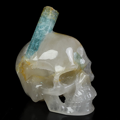 Gemstone 3.8" Aquamarine Hand Carved Crystal Skull Fine Art Sculpture, Crystal Healing