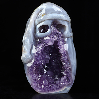 Merry Christmas! 5.3" Agate Amethyst Geode Hand Carved Crystal Skull Fine Art Sculpture, Crystal Healing