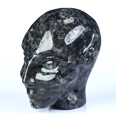 4.1" Larvikite Hand Carved Fairy Elf Alien Crystal Skull Companion Sculpture, Crystal Healing