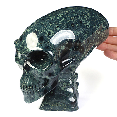 6.3" Kambaba Jasper Hand Carved Crystal Elongated Mayan Alien Skull with Spine Sculpture, Crystal Healing