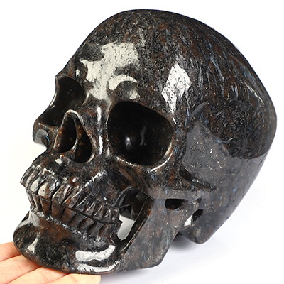 Lifesized 6.8" Russian Arfvedsonite Hand Carved Crystal Skull, Super Realistic, Crystal Healing