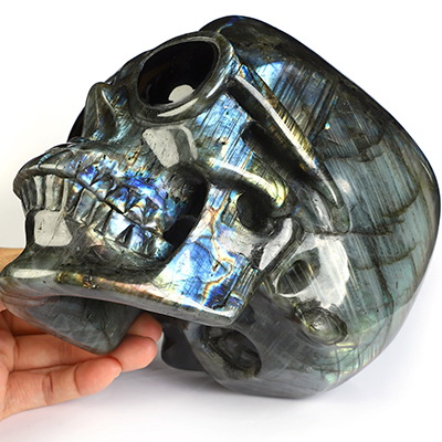 6.9" Labradorite Hand Carved Crystal Skull with Black Obsidian Sunglasses Fine Art Sculpture, Crystal Healing