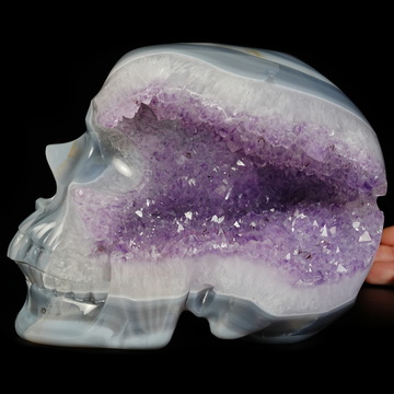 Lifesized 7.5" Agate Amethyst Geode Hand Carved Crystal Skull, Super Realistic, Crystal Healing