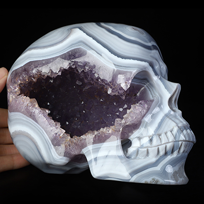 Lifesized 6.2" Banded Agate Amethyst Geode Hand Carved Crystal Skull, Super Realistic, Crystal Healing