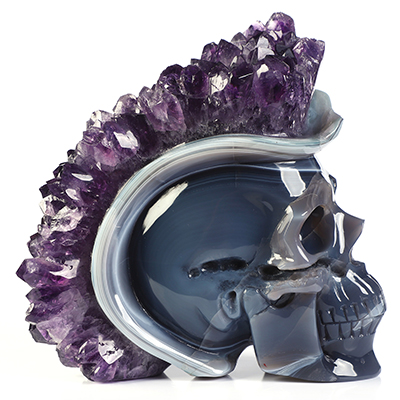 6.8" Agate Amethyst Druse Hand Carved Punk Crystal Skull Fine Art Sculpture, Crystal Healing
