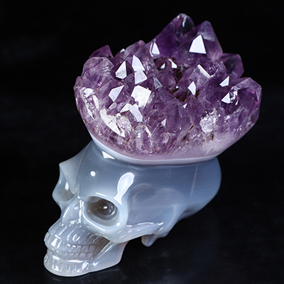2.7" Agate Amethyst Druse Hand Carved Elongated Mayan Alien Crystal Skull Fine Art Sculpture, Crystal Healing