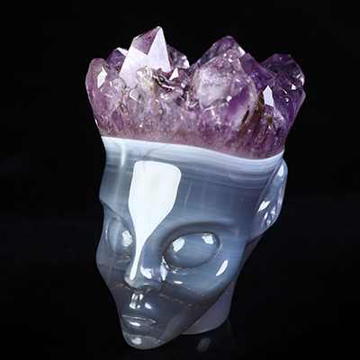 2.1" Agate Amethyst Druse Hand Carved Fairy Elf Alien Crystal Skull Fine Art Sculpture, Crystal Healing