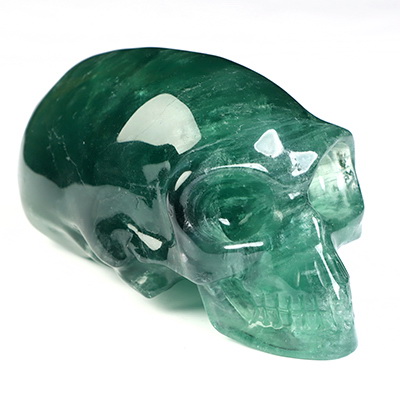 4.5" Fluorite Hand Carved Crystal Elongated Mayan Alien Skull Sculpture, Crystal Healing